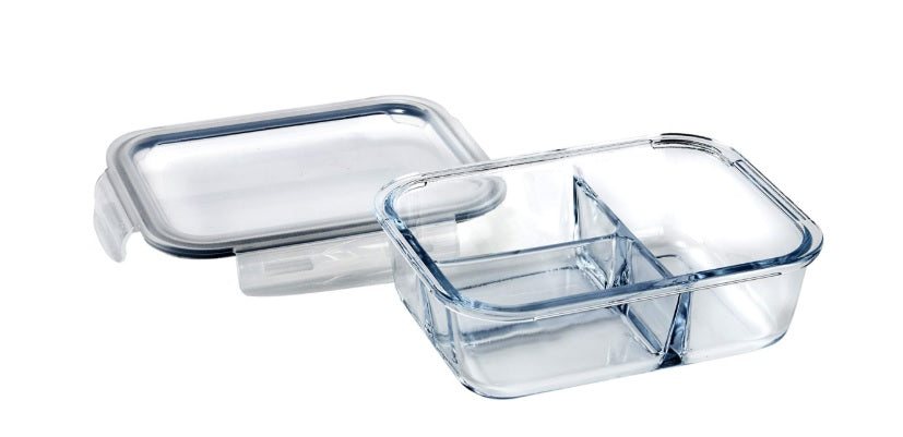 Container Glass Rectangular with 3 dividers and Lid 1000ml